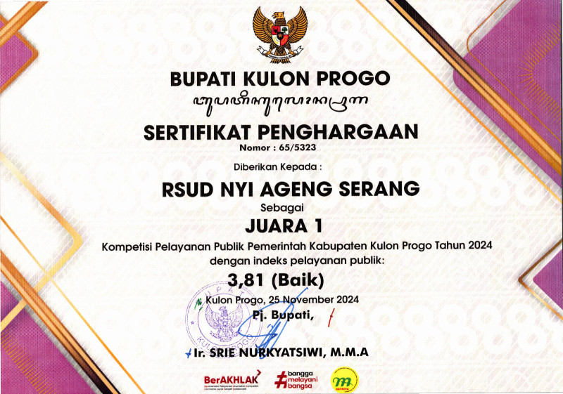 SERTIFIKAT PENGHARGAAN JUARA I PELAYANAN PUBLIK 
